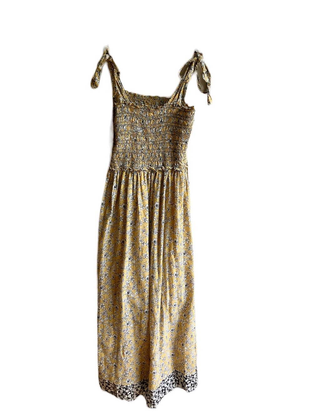 Max Studio Tie Strap Smocked Bodice Maxi Nap Dress Size L Yellow Floral Cotton - Picture 2 of 9